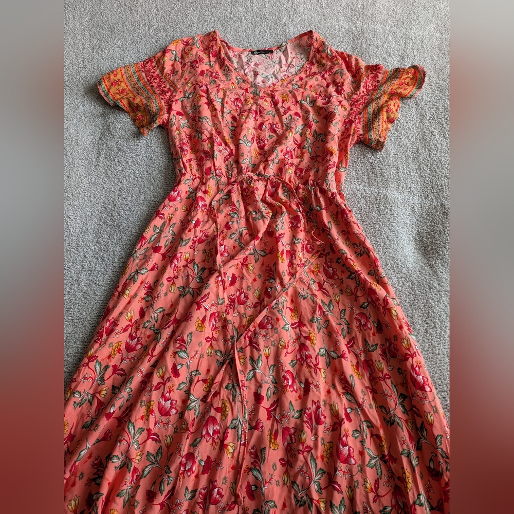 Floral Coral Maxi Dress with Drawstring Waist